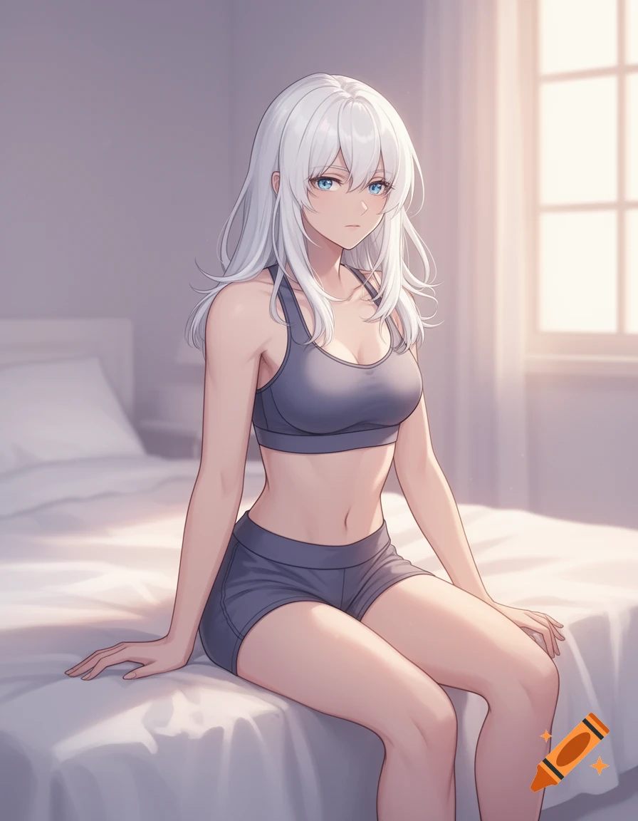 A young woman with long white hair and blue eyes, wearing a gray sports bra and shorts, sits on a white bed in an anime style.
