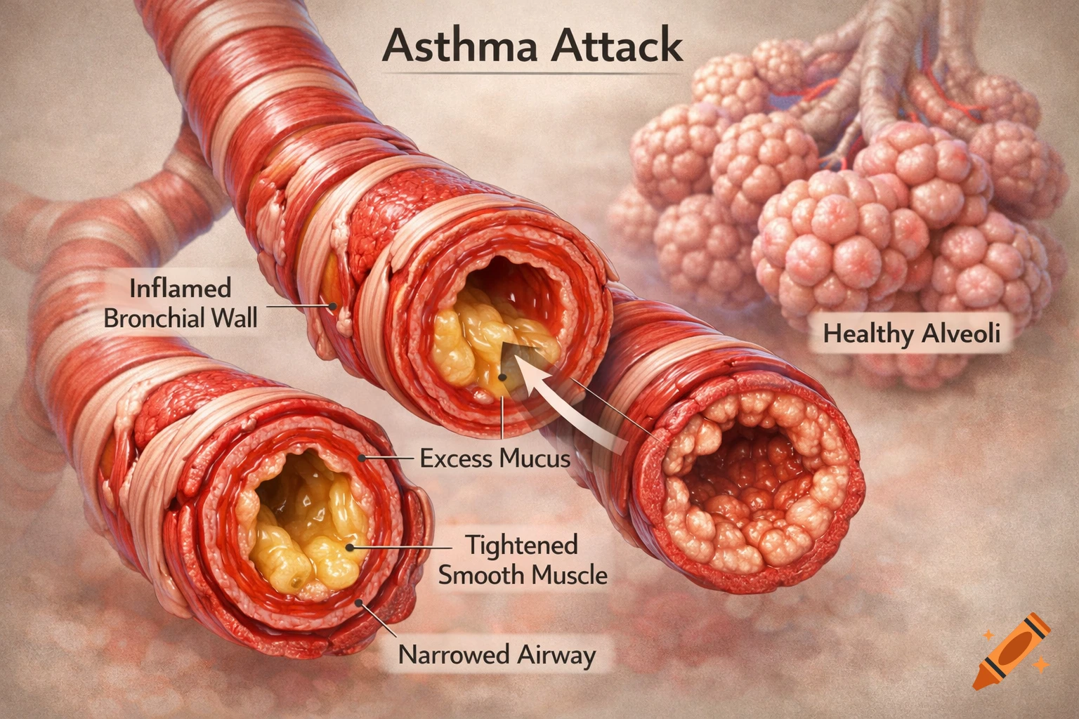 Medical illustration of an asthma attack showing inflamed, narrowed bronchial walls with excess mucus and tightened muscle, alongside healthy alveoli.