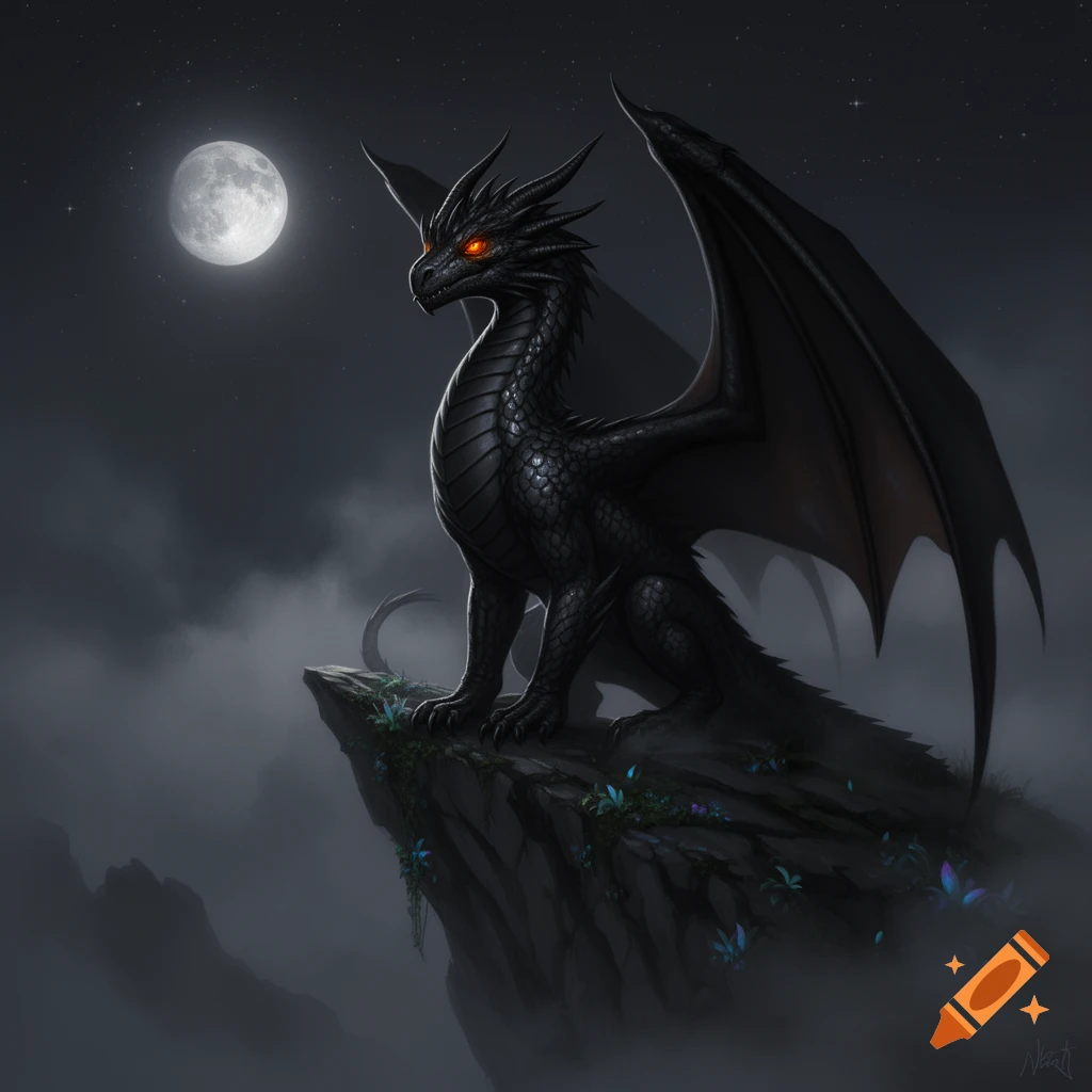 A majestic black dragon with glowing orange eyes sits on a rocky cliff ...