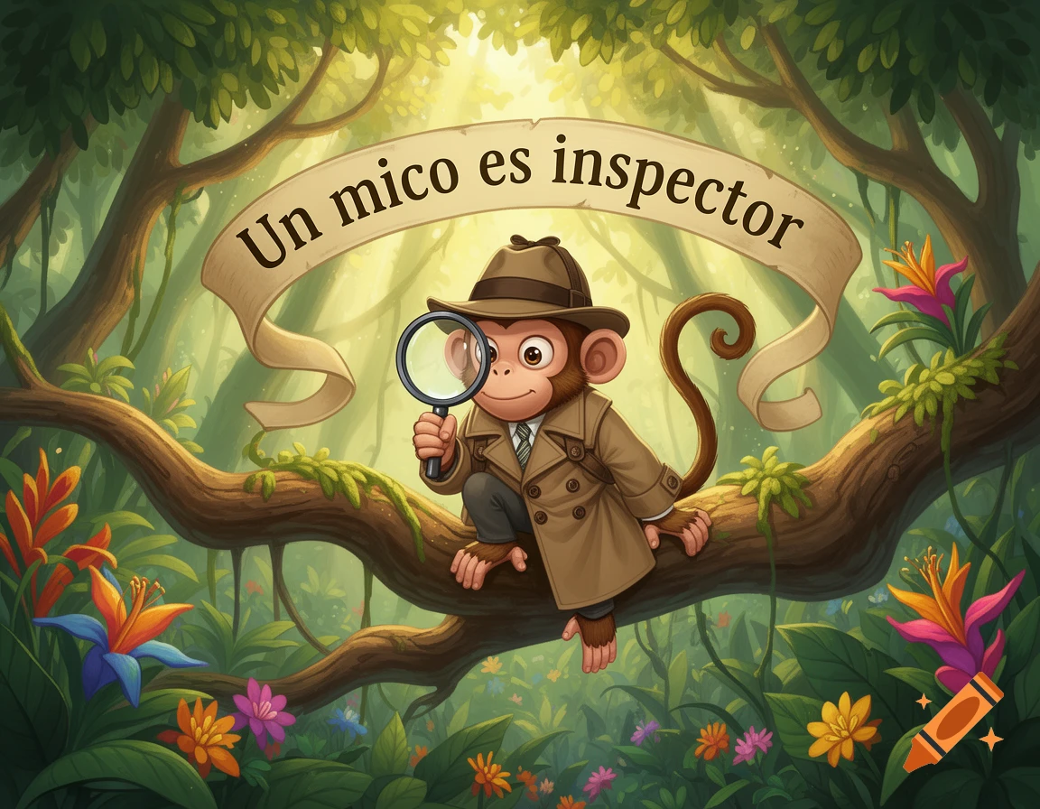 A cartoon monkey detective in a trench coat and hat sits on a jungle branch, holding a magnifying glass. A banner reads 'Un mico es inspector'.