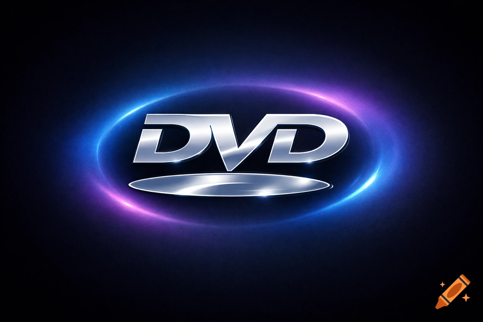 A metallic silver DVD logo with blue and purple glowing rings on a dark, grainy background.