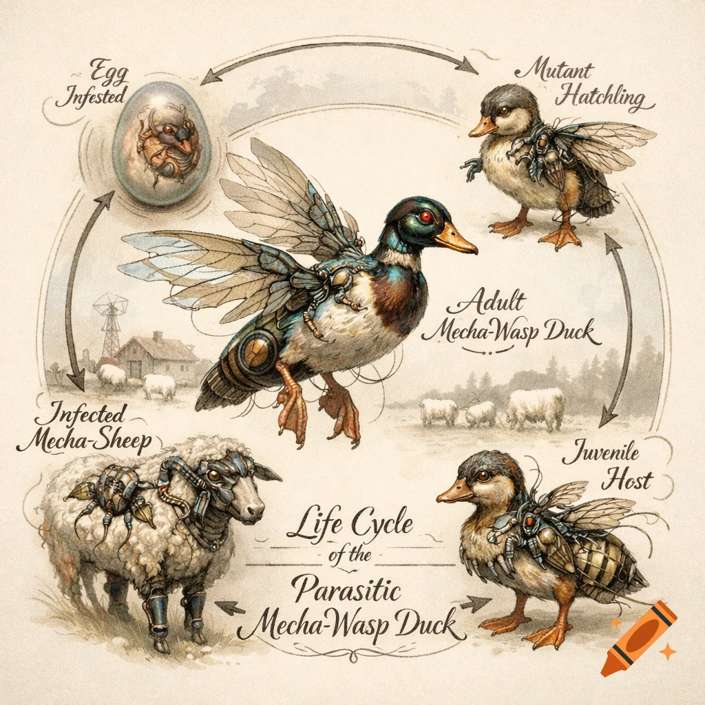 Steampunk biological diagram of a parasitic mecha-wasp duck life cycle, showing infected eggs, hatchlings, adult ducks, and mecha-sheep.