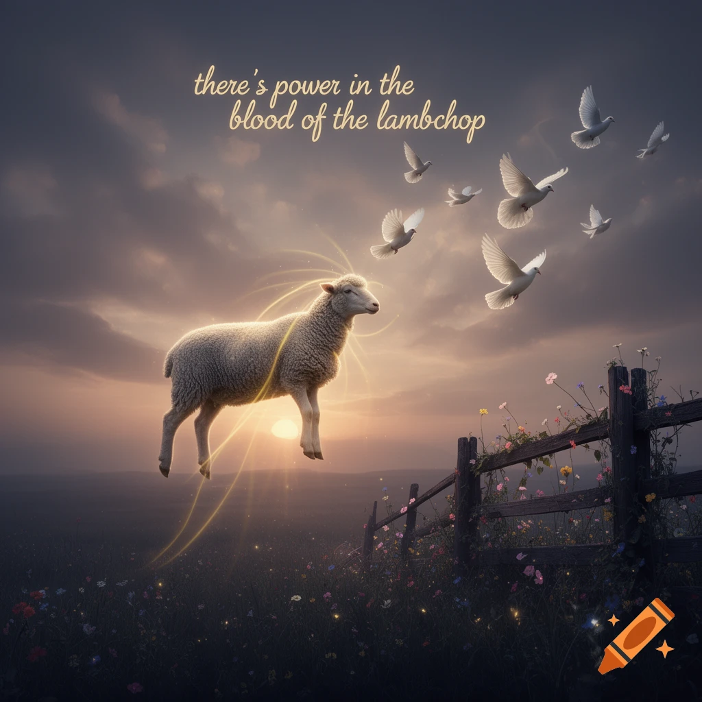 Flowery Flying A glowing sheep levitates over a dark, flowery field as white doves fly ...