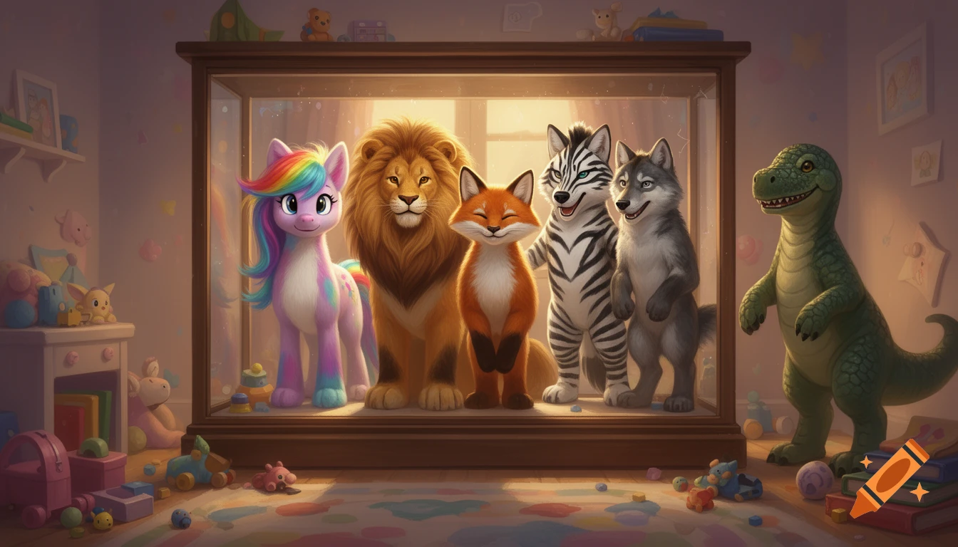 A pony, lion, fox, zebra, and wolf in a display case with a green dinosaur in a child's room, toys on the floor.