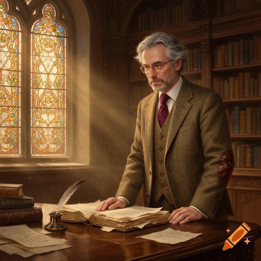 A distinguished professor with gray hair and glasses reads an old book in a sunlit library with stained glass windows.