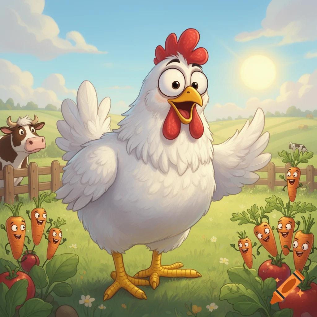 A happy cartoon white chicken stands in a sunny farm field, surrounded by smiling carrots and tomatoes, with a cow behind a fence.