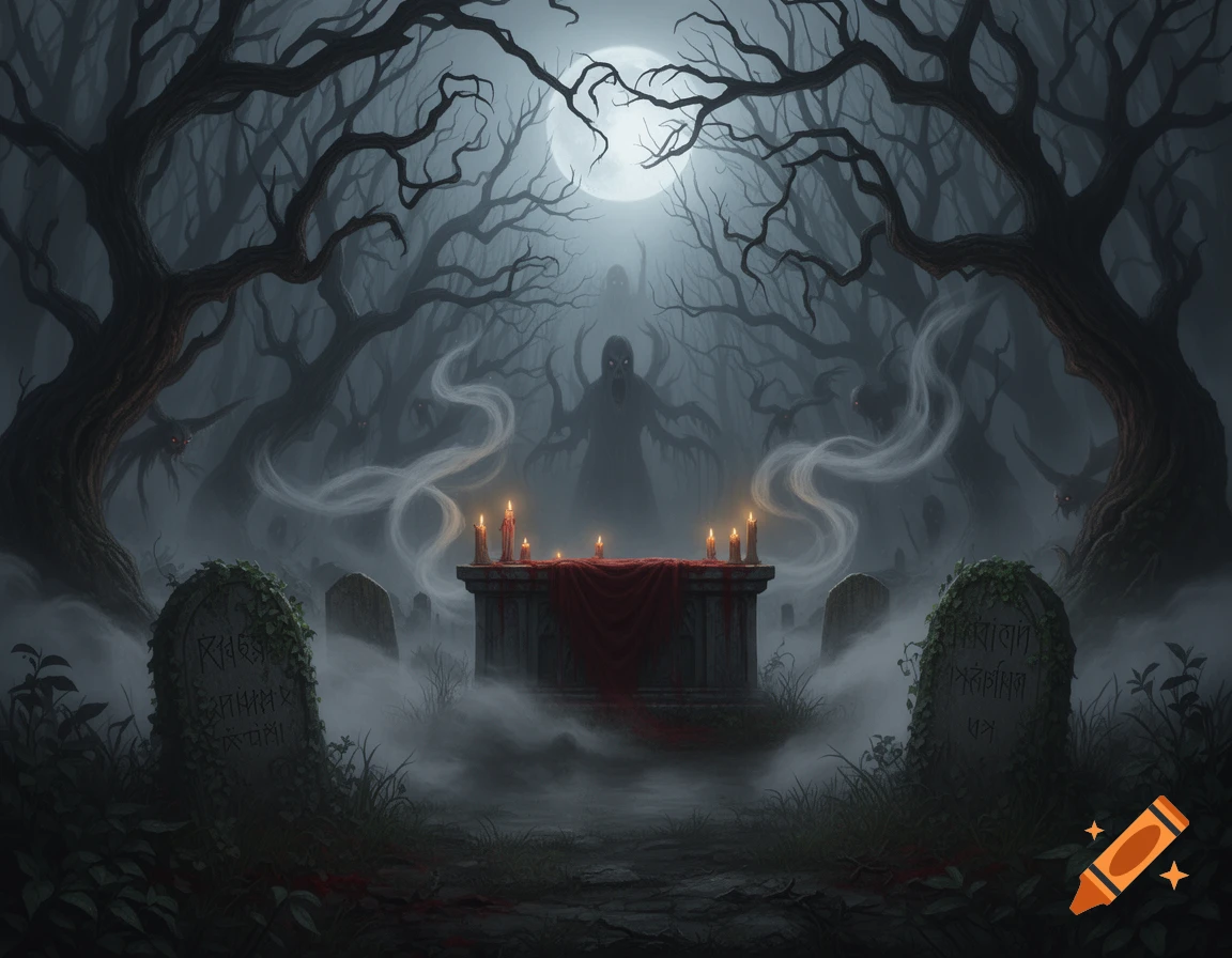A dark, foggy graveyard at night with gnarled trees, a full moon, a candlelit altar, and shadowy monstrous figures.
