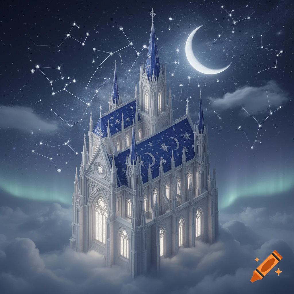 An isometric fantasy gothic castle with a deep blue roof rises from clouds under a starry night sky with a crescent moon, constellations, and green aurora.