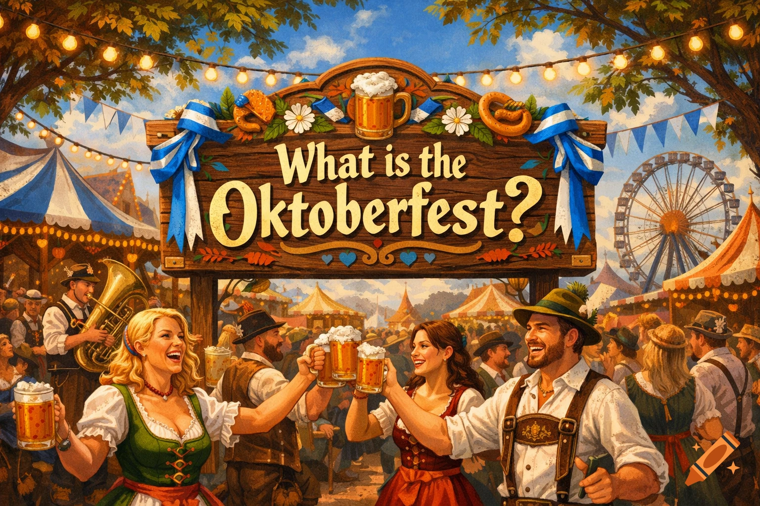 Vibrant illustration of Oktoberfest celebration with people toasting beer under a 'What is the Oktoberfest?' sign and a ferris wheel.