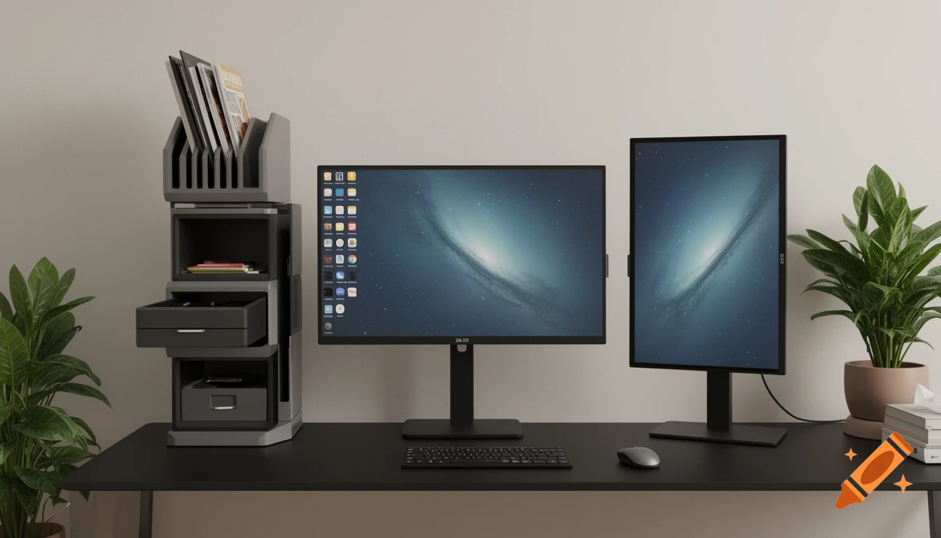 Photorealistic home office desk with two monitors, one vertical, keyboard, mouse, modular organizer, and plants.