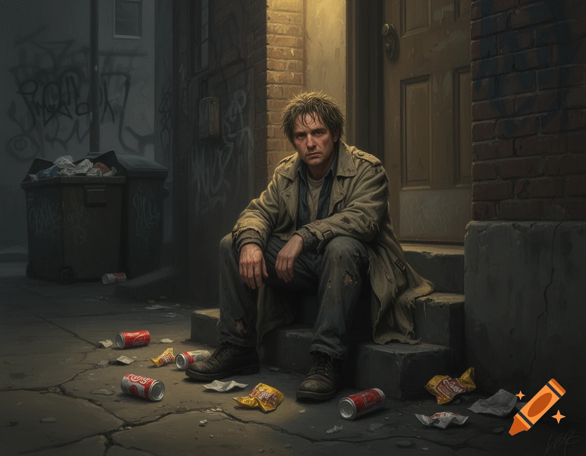 A disheveled man in a trench coat sits on concrete steps in a dim, trash-filled alley, looking sadly at the viewer. Graffiti covers the walls, and a dumpster is in the background.