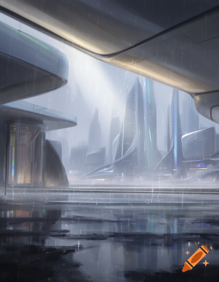 Futuristic city with sleek skyscrapers under a rainy sky, reflected in wet ground, concept art style.