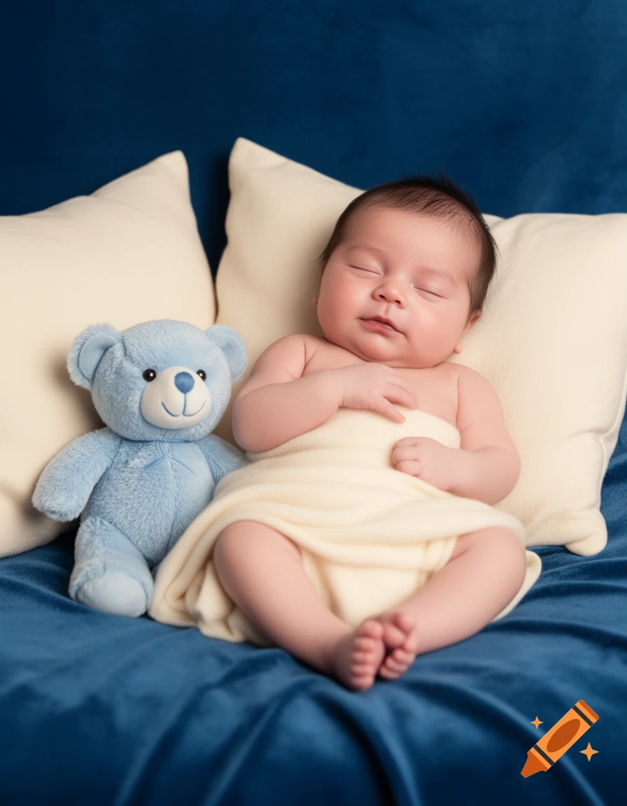 Professional studio portrait of a sleeping baby boy wrapped in a cream blanket next to a blue teddy bear on a blue velvet bed.
