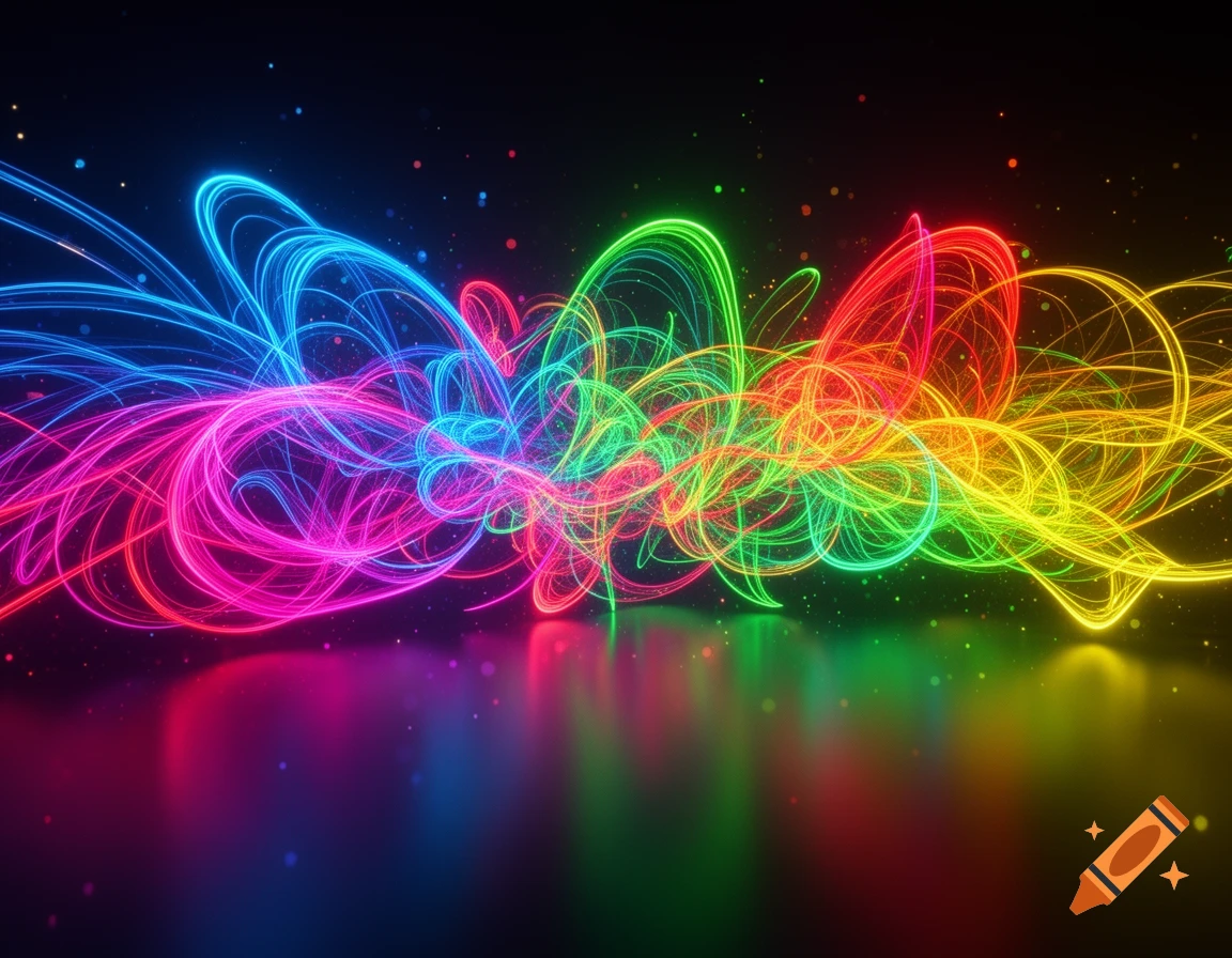 Colorful neon light trails in blue, pink, green, red, and yellow swirl across a dark background, reflecting on a glossy surface.
