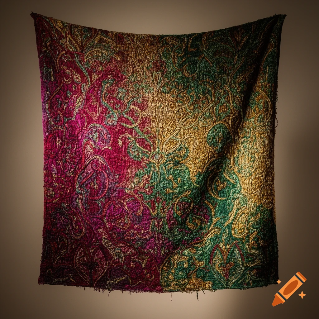 A richly textured textile with intricate paisley-like patterns in magenta, gold, and green, hanging against a dark background.