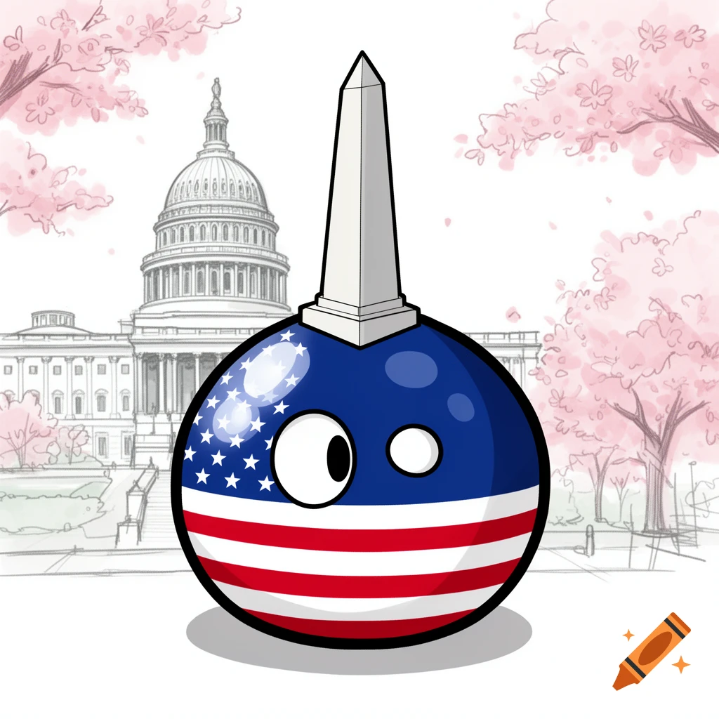 Cartoon illustration of a USA countryball wearing the Washington Monument as a hat, standing in front of the US Capitol Building and cherry blossoms.