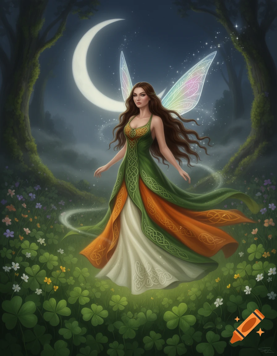 A brunette fairy in a green, orange, and white Celtic knot dress with glowing rainbow wings stands in a magical clover forest under a crescent moon.