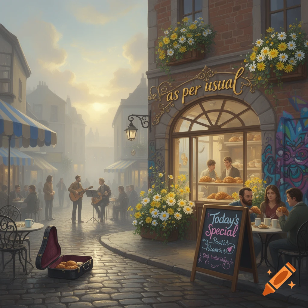 A vibrant street scene at sunset, with a bakery on the right displaying "as per usual" above its window. Musicians play on the cobblestone street while people dine outdoors at tables. A chalkboard sign reads "Today's Special" with some illegible text below.