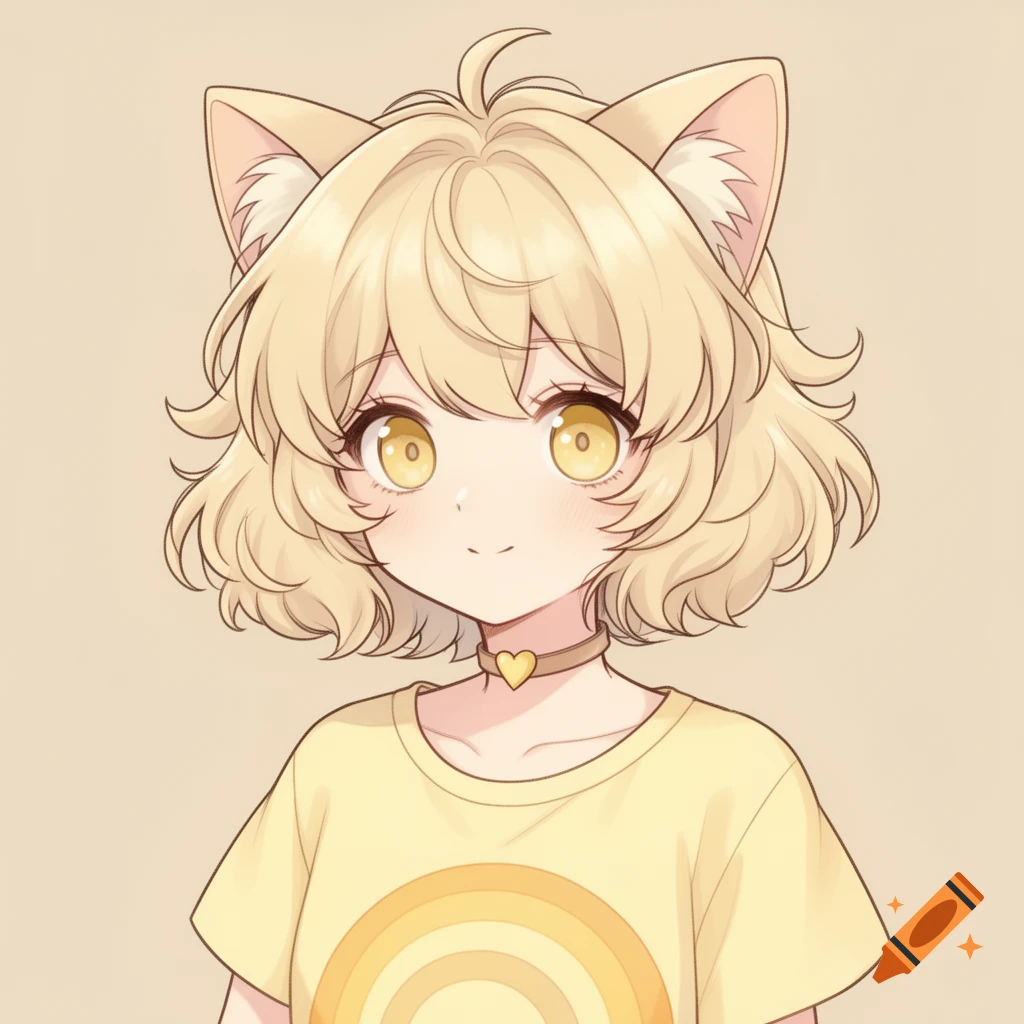 Anime girl with blonde curly hair, cat ears, and yellow eyes, wearing a yellow shirt with a rainbow, against a beige background.
