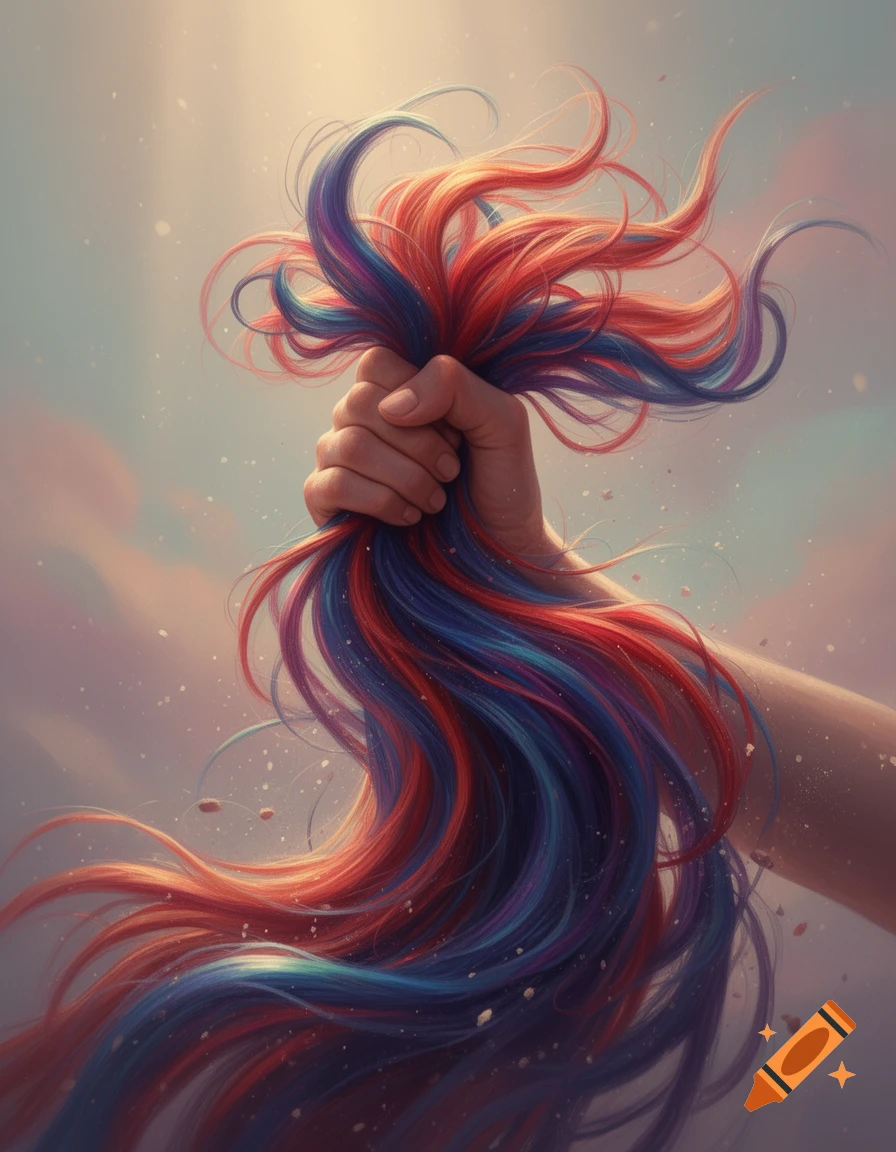A hand clenches a vibrant fistful of red, blue, and purple hair, flowing against an ethereal, brightly lit sky.