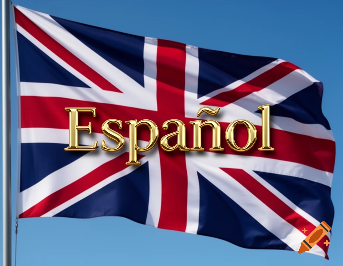 Union Jack flag against a blue sky with the golden word 'Español' overlaid on it.
