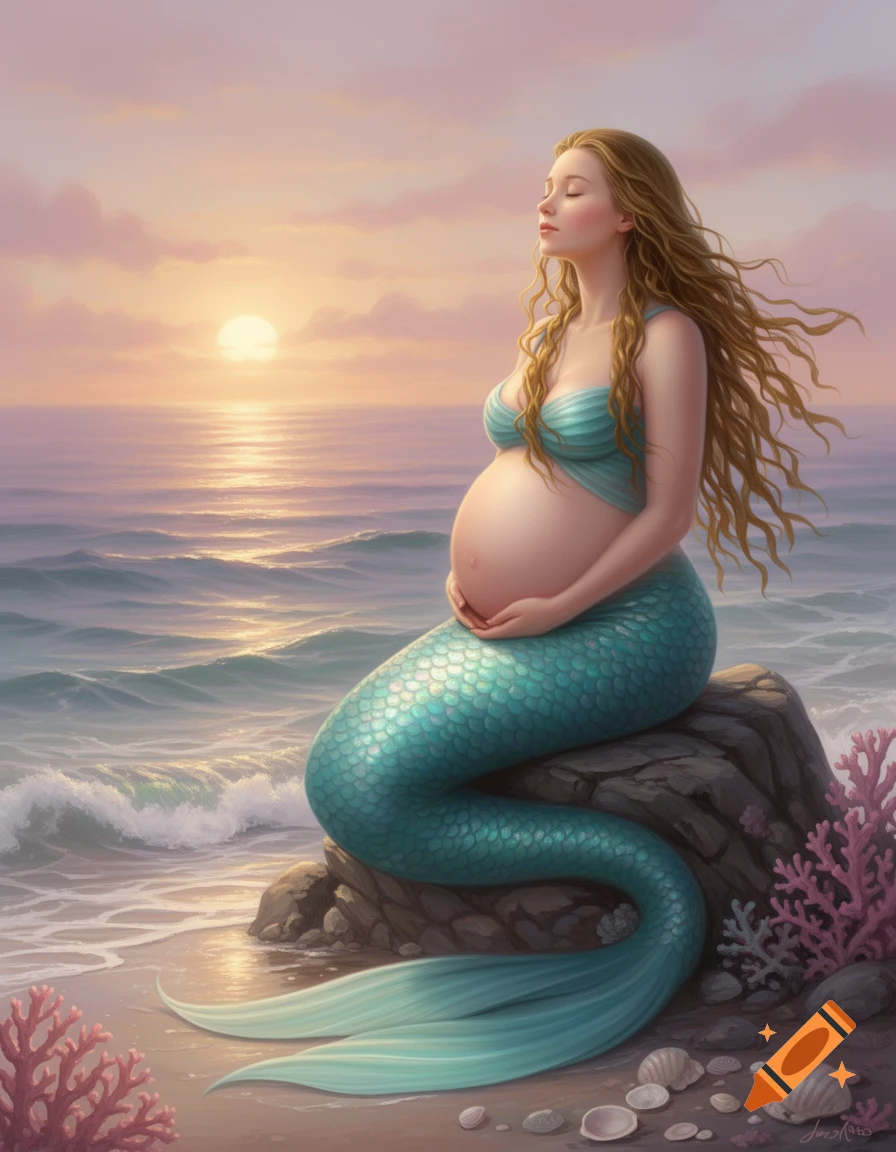 A serene pregnant mermaid with long flowing hair sits on a rock by the ocean at sunset, eyes closed and hands resting on her belly.