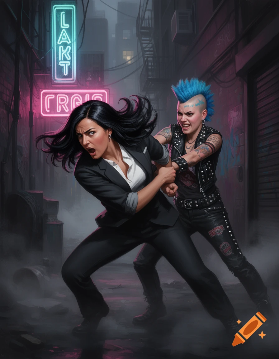 Two women, one in a suit and another with blue punk hair, struggle in a neon-lit urban alley at night, depicted in a stylized art style.