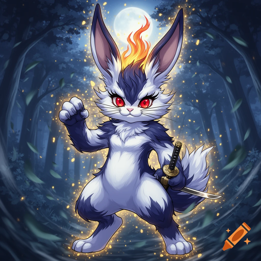 Fierce white and blue anthropomorphic bunny with red eyes, fiery hair, and a katana in a moonlit forest, anime style.