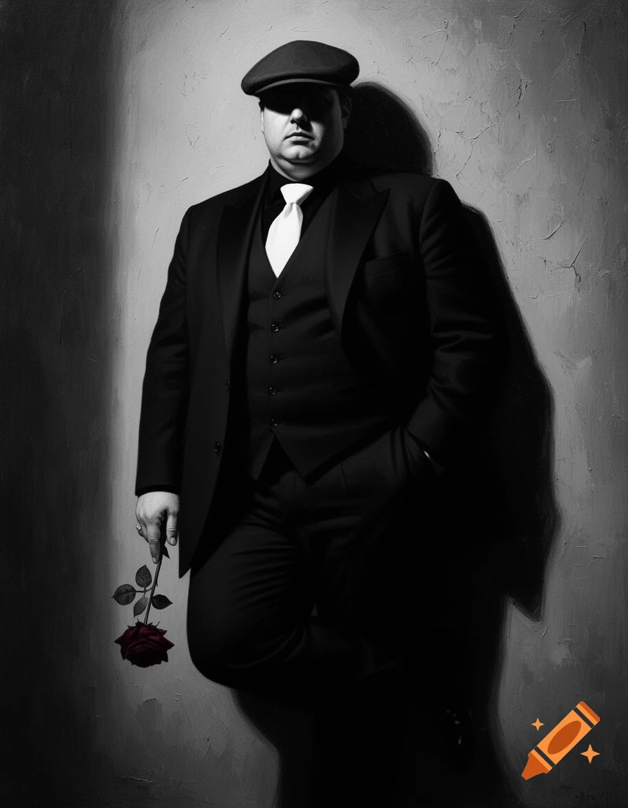 Black-and-white oil painting of a man in a suit and flat cap, dramatic shadows obscuring his face, holding a red rose.