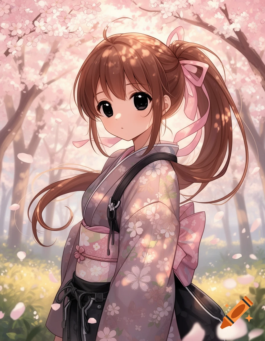A cute anime girl with brown hair in a ponytail with a pink ribbon, wearing a kimono, stands in a dreamy cherry blossom forest with falling petals.