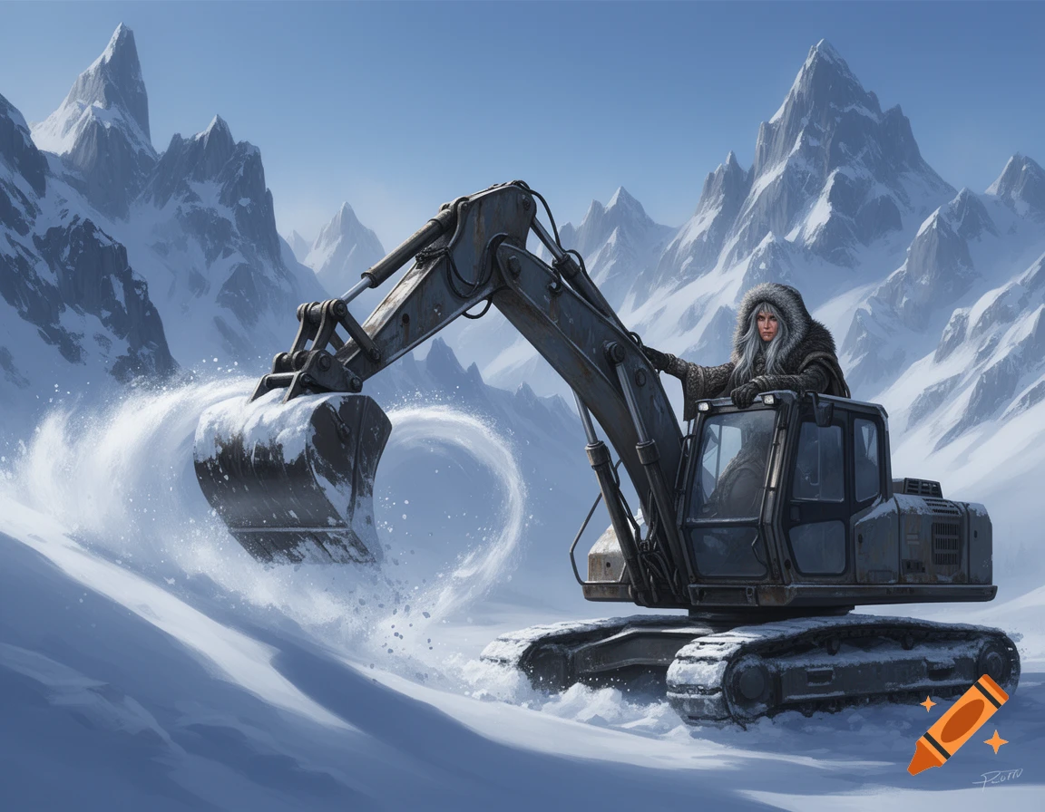 A woman in a fur-hooded coat operates an excavator, clearing snow in a snowy mountain landscape.