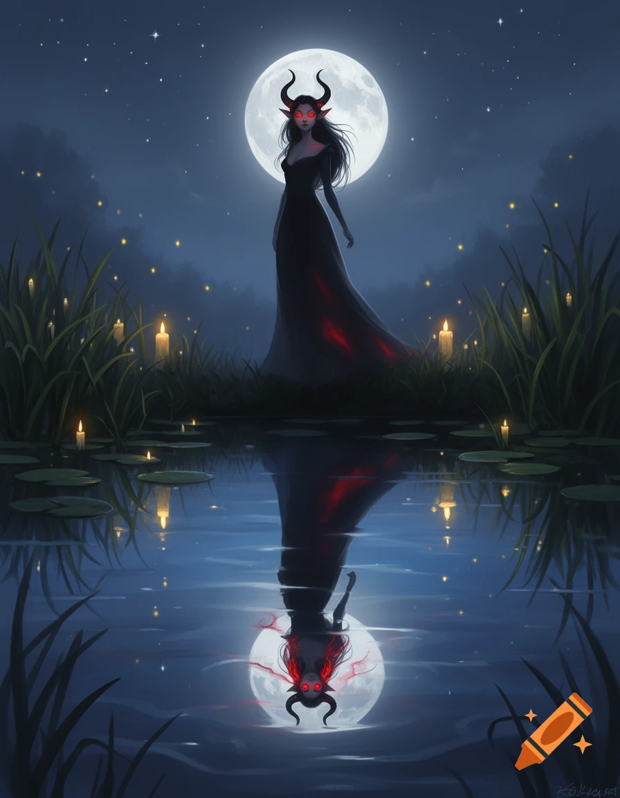 A horned woman with glowing red eyes stands under a full moon by a pond ...