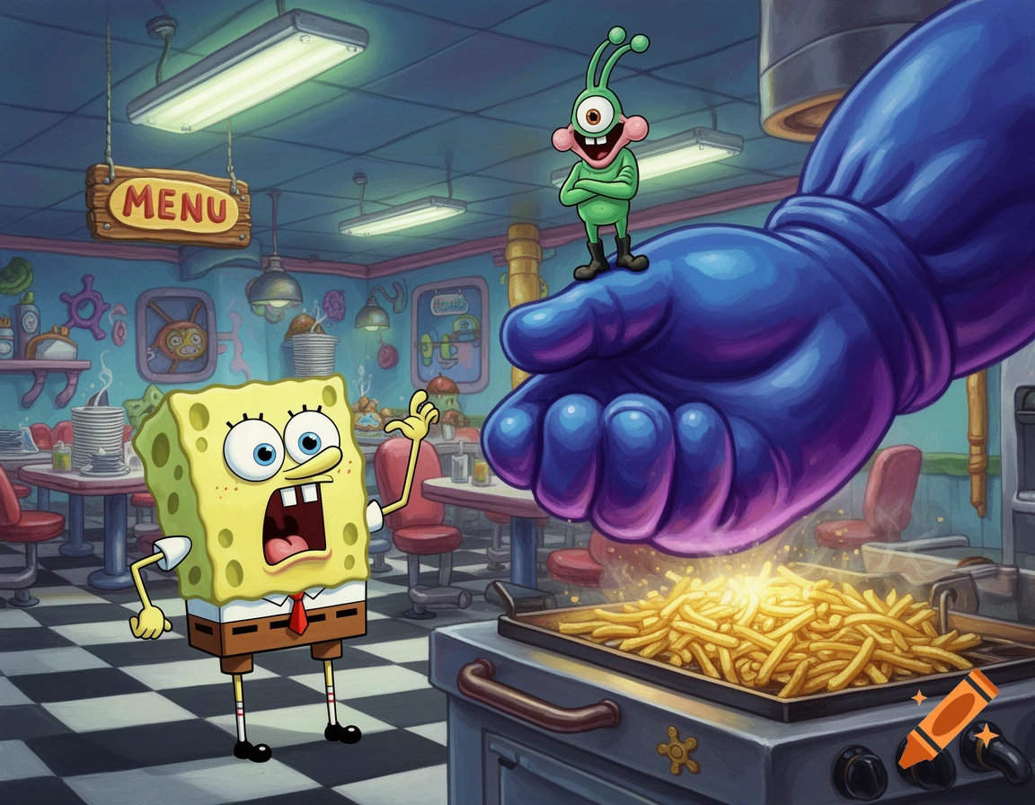 SpongeBob SquarePants screaming as a giant blue hand with Plankton on it hovers over a tray of fries, inside a diner.