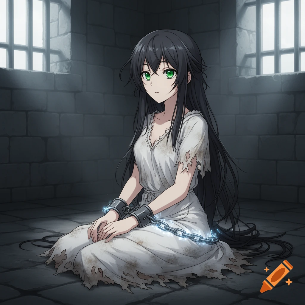 Anime girl with long dark hair and green eyes, wearing a tattered white dress, sitting chained in a dimly lit prison cell.