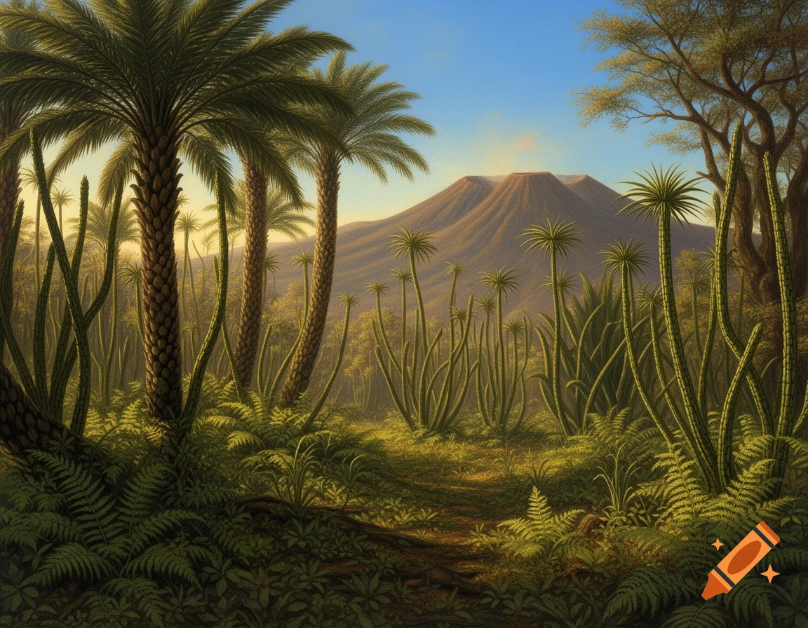 A lush prehistoric landscape with tall fern-like plants and palm trees, leading to a volcano under a clear blue sky.
