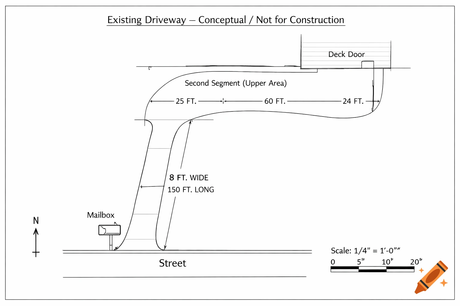 Black-and-white technical drawing of a residential driveway with dimensions, a mailbox, street, deck door, scale bar, and north arrow.