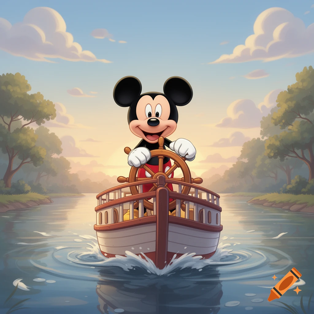 Mickey Mouse steers a small boat on a calm river with trees along the banks under a soft sky, in a cartoon style.