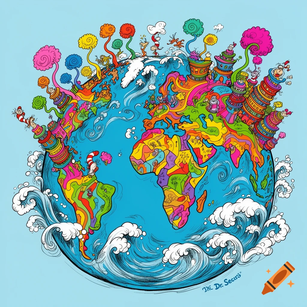 A whimsical, colorful Dr. Seuss style illustration of the Earth surrounded by waves, with fantastical plants and creatures on the continents.