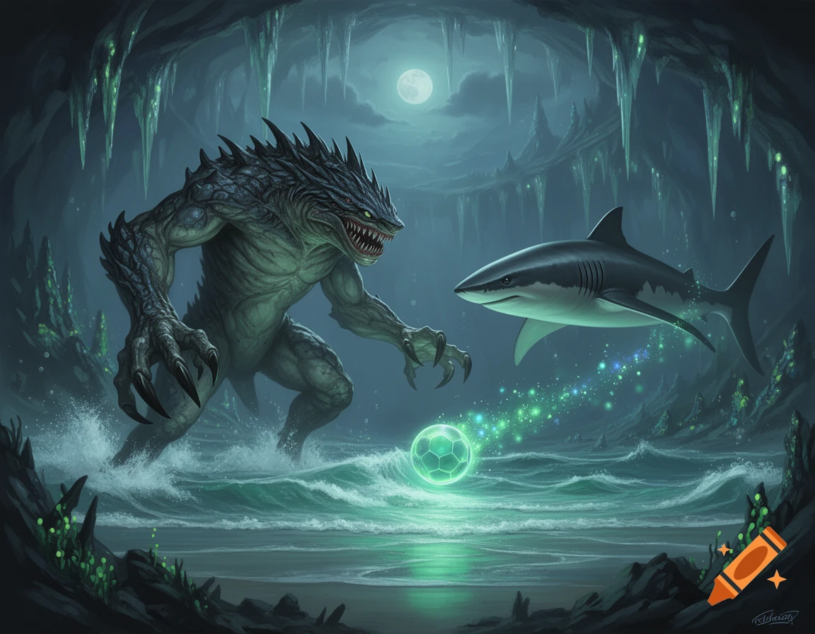 A monstrous green creature with sharp claws and teeth stands in a moonlit cave, facing a shark over a glowing green soccer ball in wavy water.