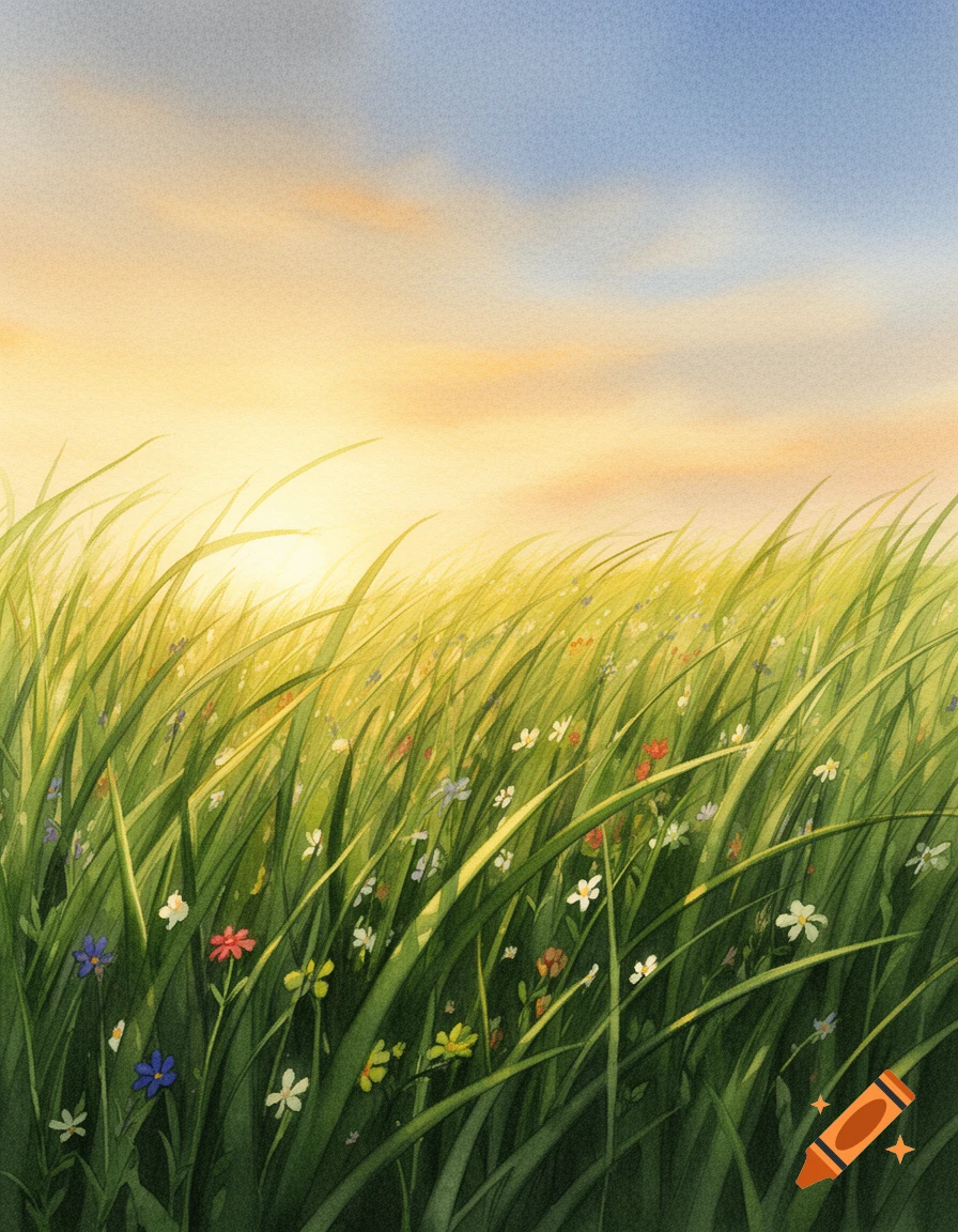 Watercolor painting of a vibrant green grassy field with small colorful ...