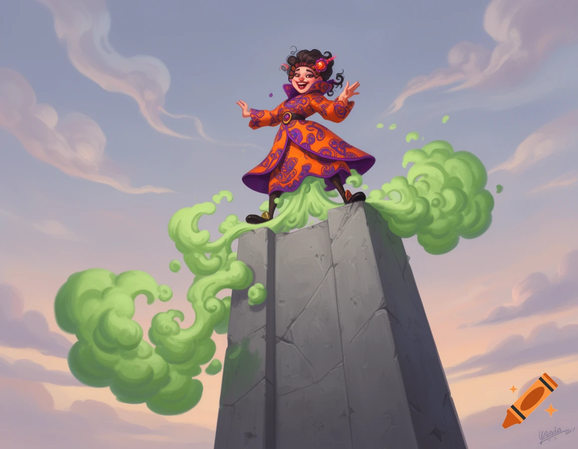 A cheerful cartoon woman in an orange and purple coat stands on a grey pillar, with green smoke billowing out from beneath her against a cloudy sky.