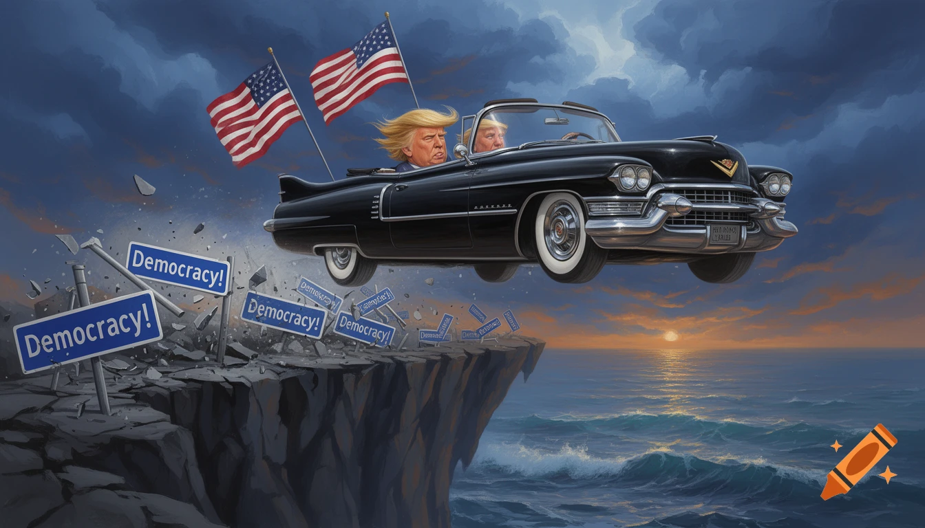 Painting of Donald Trump in a black convertible driving off a cliff, shattering 'Democracy!' signs, over an ocean at sunset.