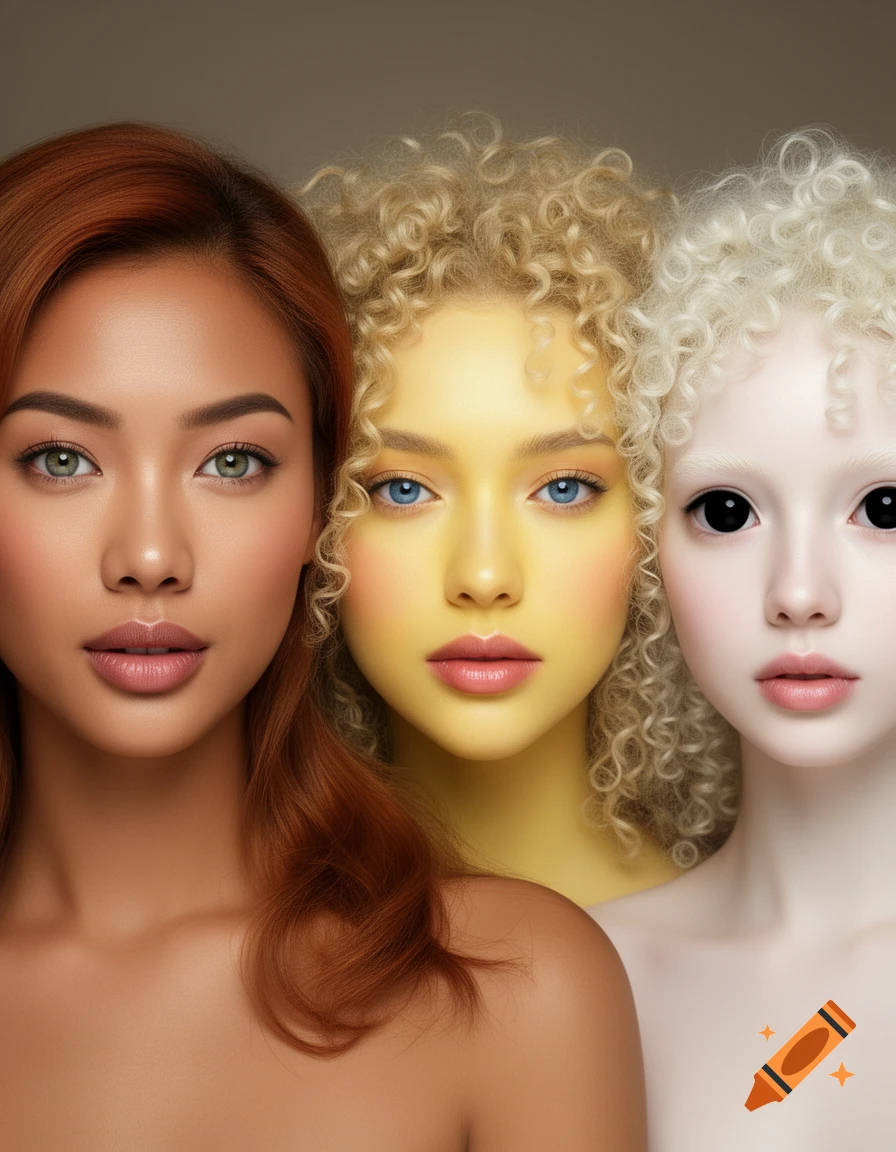 Close-up portrait of three women with diverse features, including varying skin tones from brown to yellow to pale white, and different hair textures and colors.