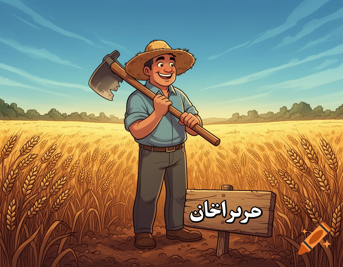 A cartoon farmer in a straw hat smiles while holding a hoe in a wheat field under a blue sky. A wooden sign with unreadable text is visible.