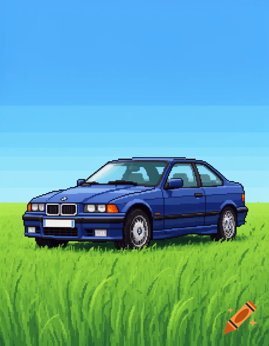 A pixel art blue BMW E36 coupe sits in a vibrant green grassy field under a clear blue sky.