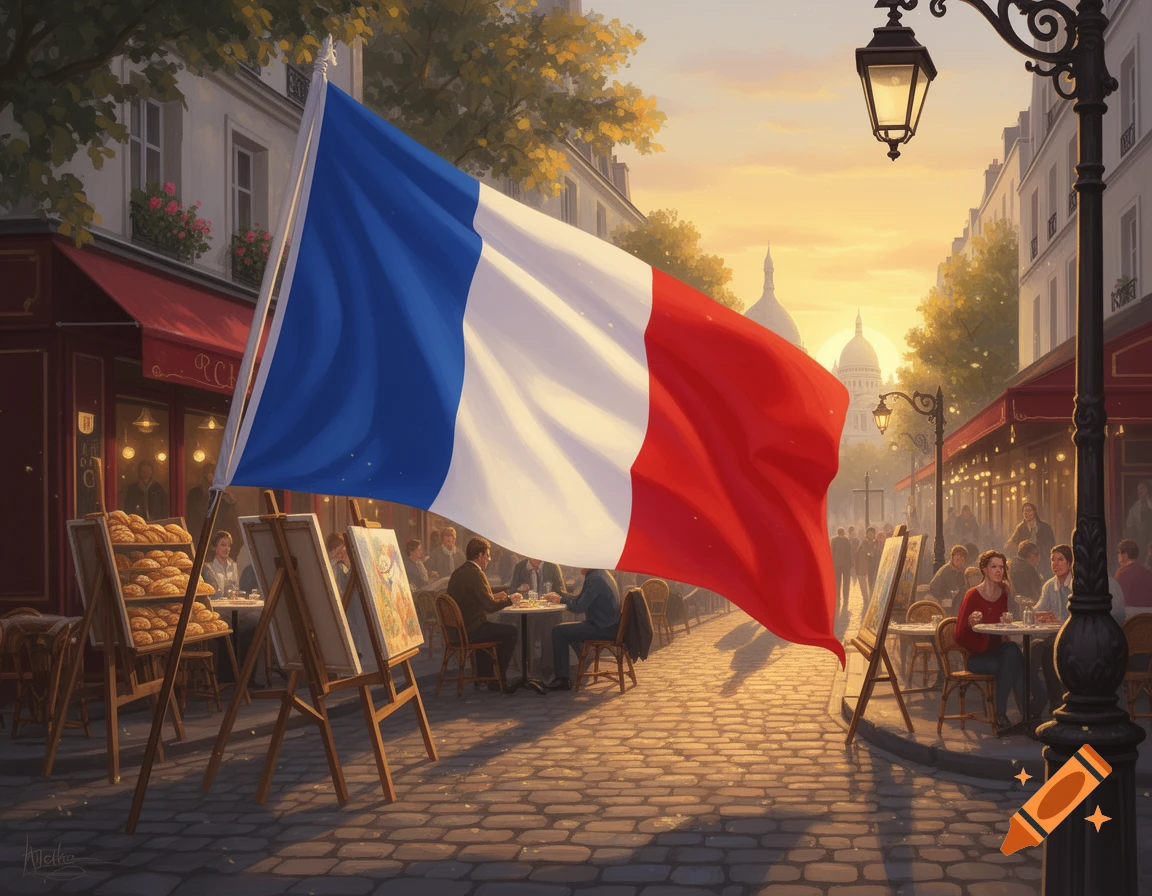 A large French flag waves over a bustling Parisian street scene with cafes and people dining outdoors, in an illustrative style.