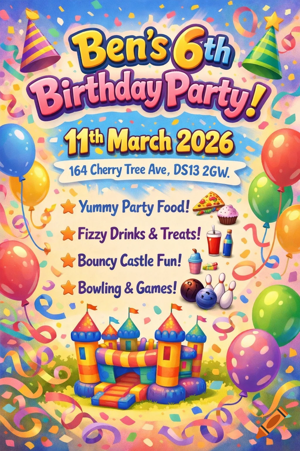 A colorful birthday party invitation for Ben's 6th birthday, featuring a bouncy castle, balloons, confetti, and a list of activities.