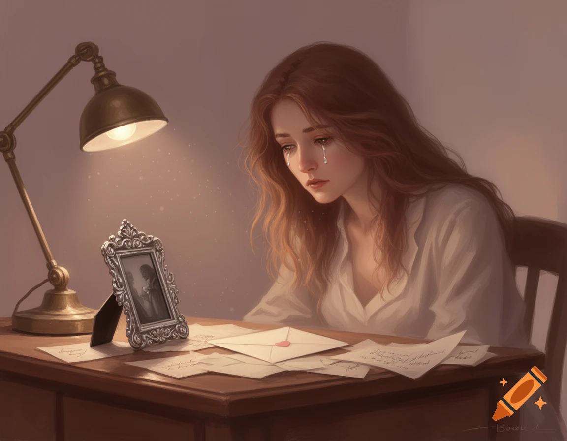 A sad woman with long brown hair cries at a desk, looking at a framed photo, surrounded by letters under a lamp.