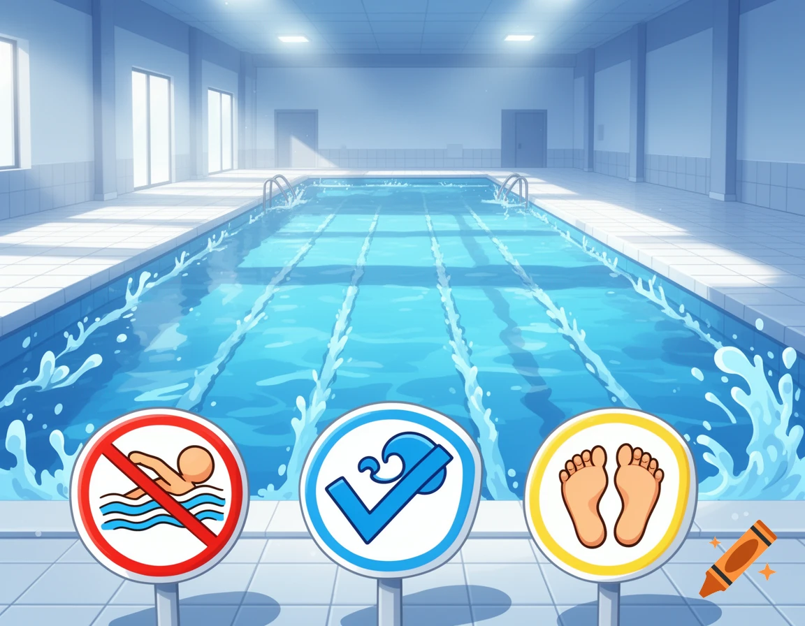 Cartoon illustration of a bright indoor swimming pool with three rule signs featuring symbols for no swimming, a wave checkmark, and bare feet.