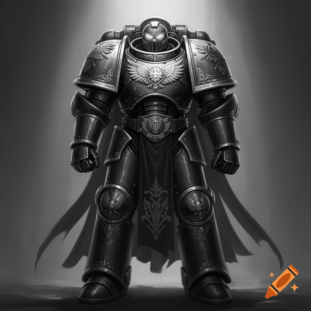 Full-body shot of a heavily armored warrior in Sanguinius's style from Warhammer 40k, rendered in black and white.
